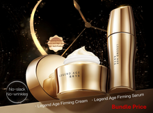 Load image into Gallery viewer, A luxury skincare bundle featuring a gold jar of Legend Age Firming Cream with white cream visible, and a tall gold serum bottle, set against a dark background with gold clock hands and text overlays.